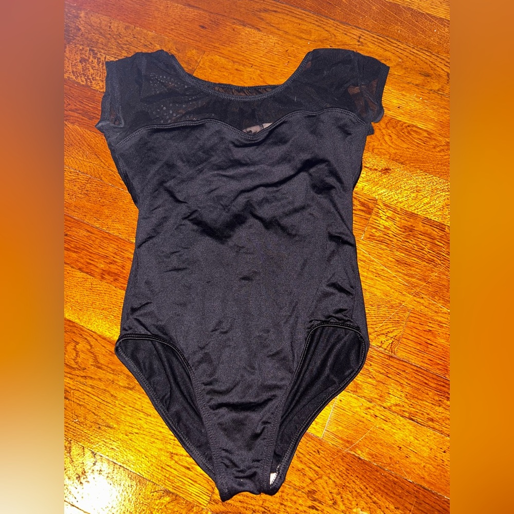 Black Motionwear Cap Sleeve Leotard with Mesh and Sparkle Details - Medium Adult
